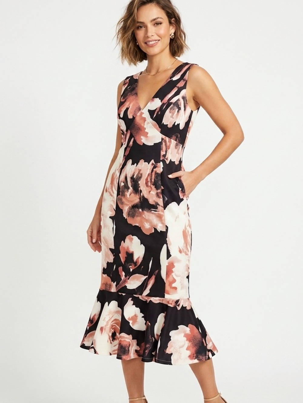 MARINA Black Midi Dress with Blush and Cream Floral Motif party trendy chic 1350